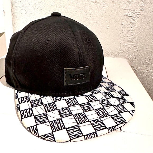 Vans Other - Vans Flat Billed Black White Check Rim Branded Adjustable Black Hat Skateboard